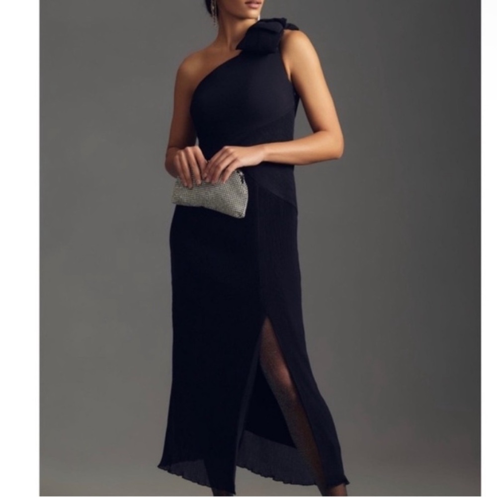 NWT Anthropologie x Maeve Black One-Shoulder Crepe Dress with Bow Detail